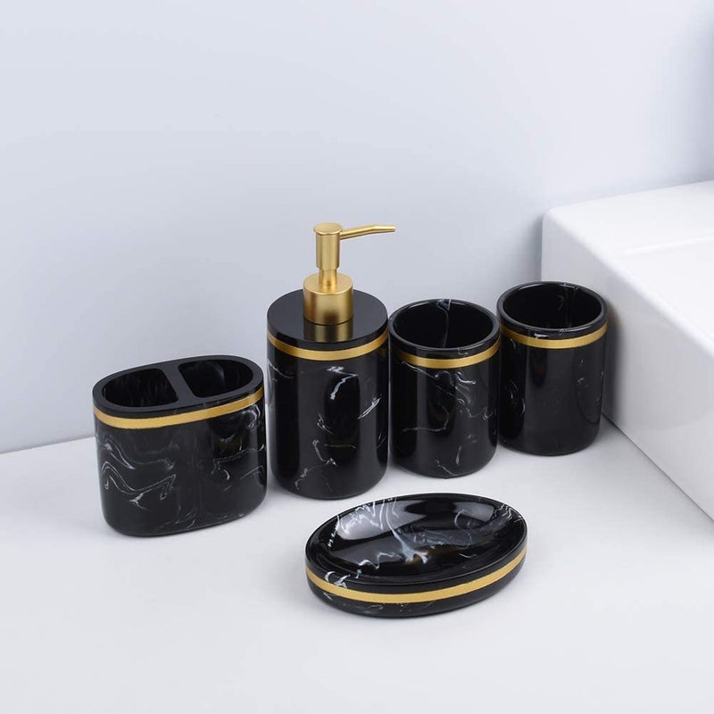 Jung Ford 5-Piece Bathroom Counter Top Accessory Set - Dispenser for Liquid Soap or Lotion, Soap Dish, 2 Tumblers and Toothbrush Holder, Marble Pattern Resin (Classic Black) - Image 2